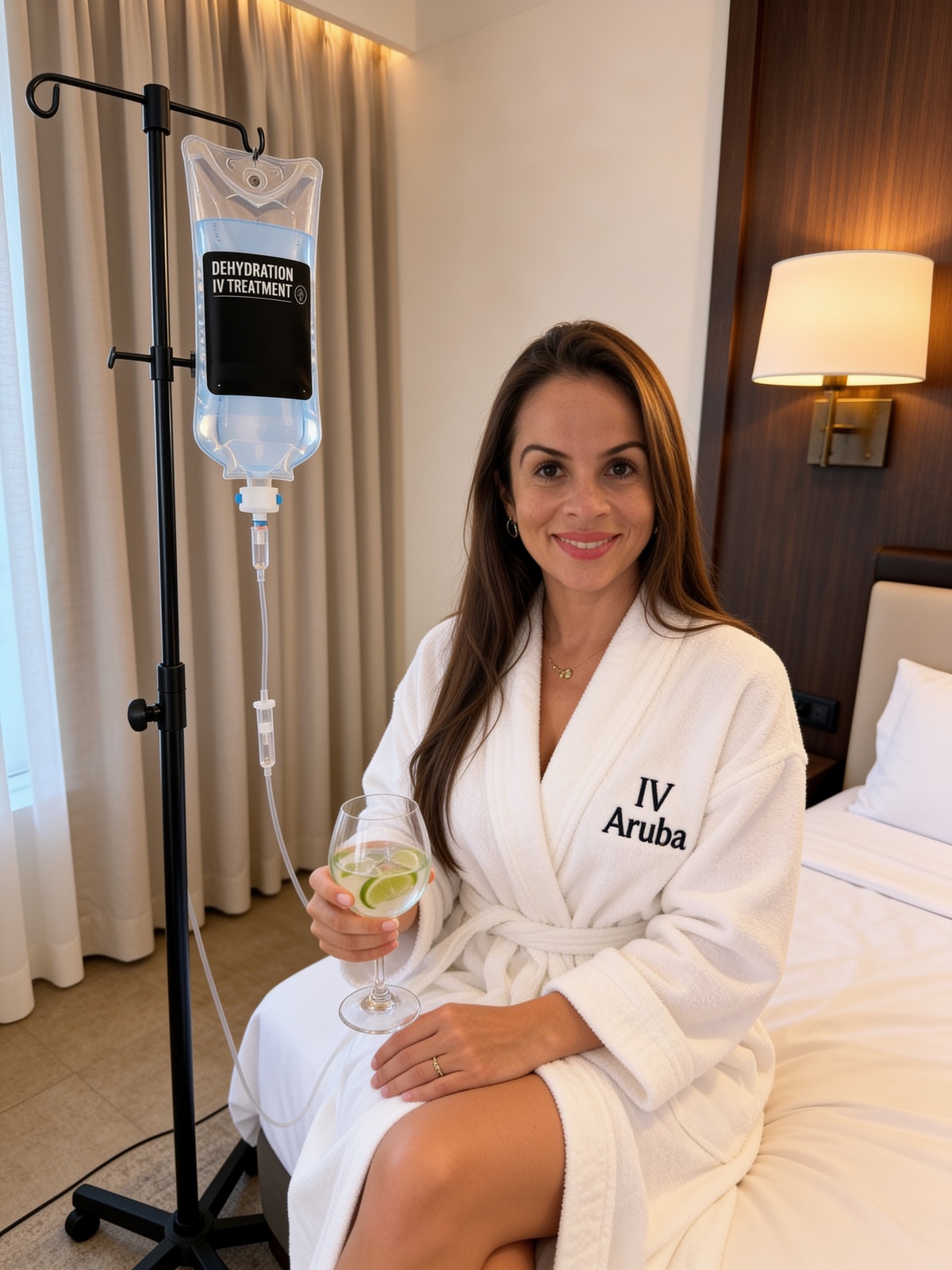 Guest in an IV Aruba robe receiving a mobile IV drip